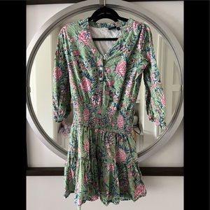 Madison Mathews Pink and Green Ruched Waist Mini Dress